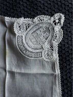 Vintage White Lace Trim Cotton Handkerchief Embroidered Souvenir Bruxelles
